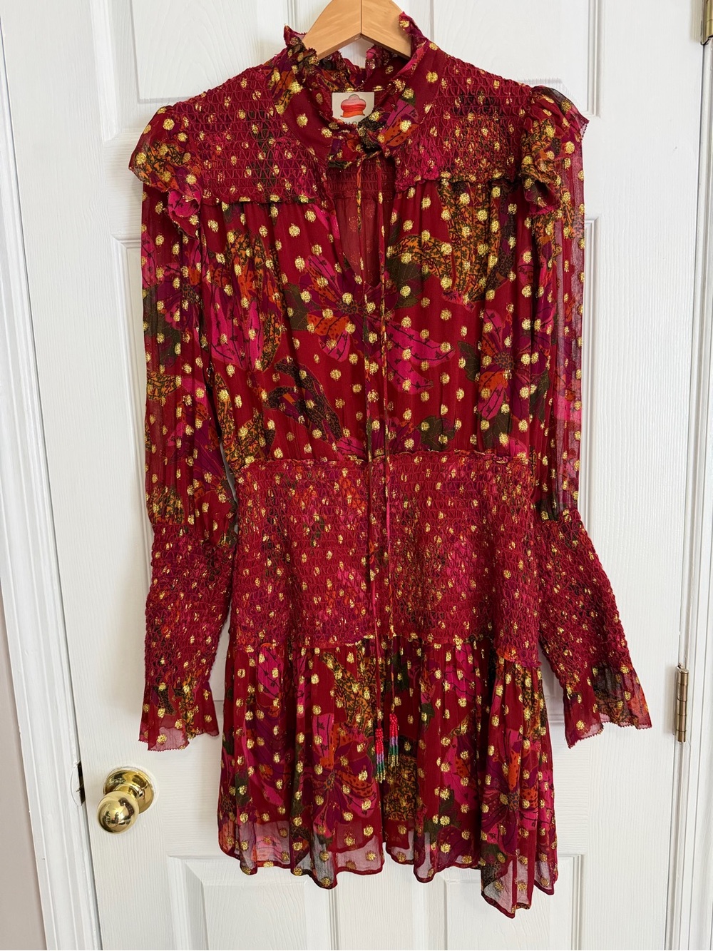Farm Rio Banana Flowers Mini Dress Long Sleeve Ruffled Maroon Gold Size Medium - Picture 3 of 15